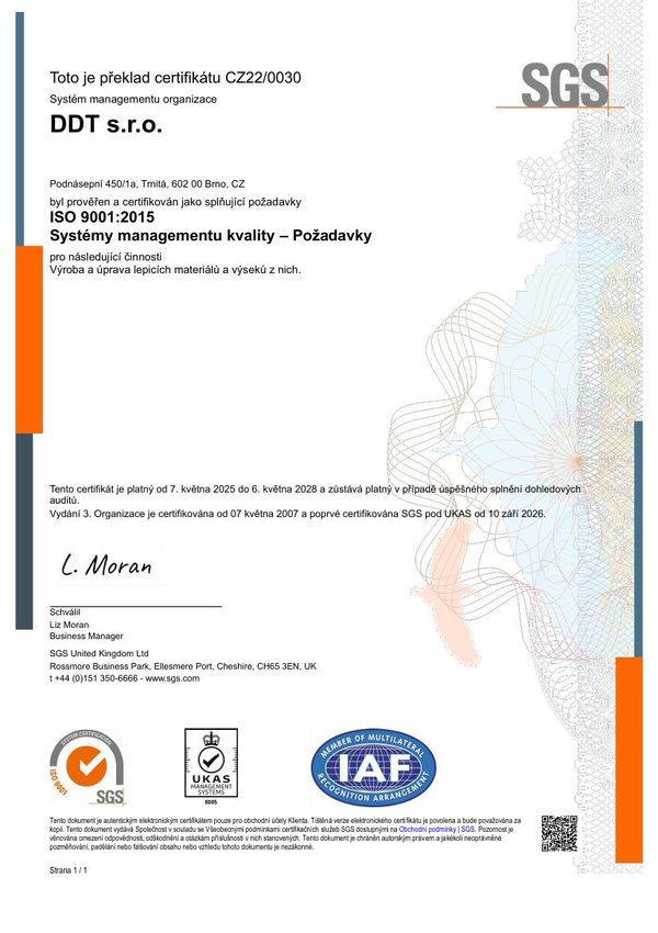 Certifikát SGS ISO 9001:2015